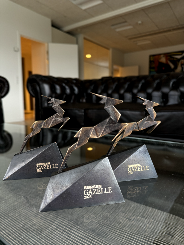 pensopay's three Gazelle Awards from 2021, 2022, and 2023 are displayed at the office in Vejle.